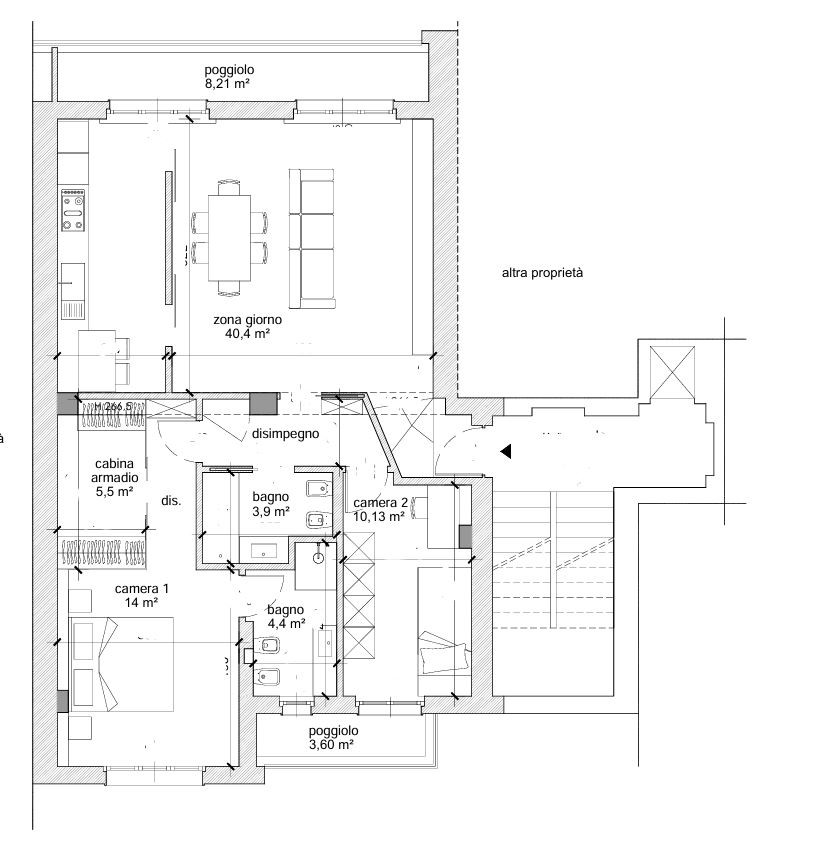 Appartamento con due camere e due balconi in centro - Rendering illustrativo